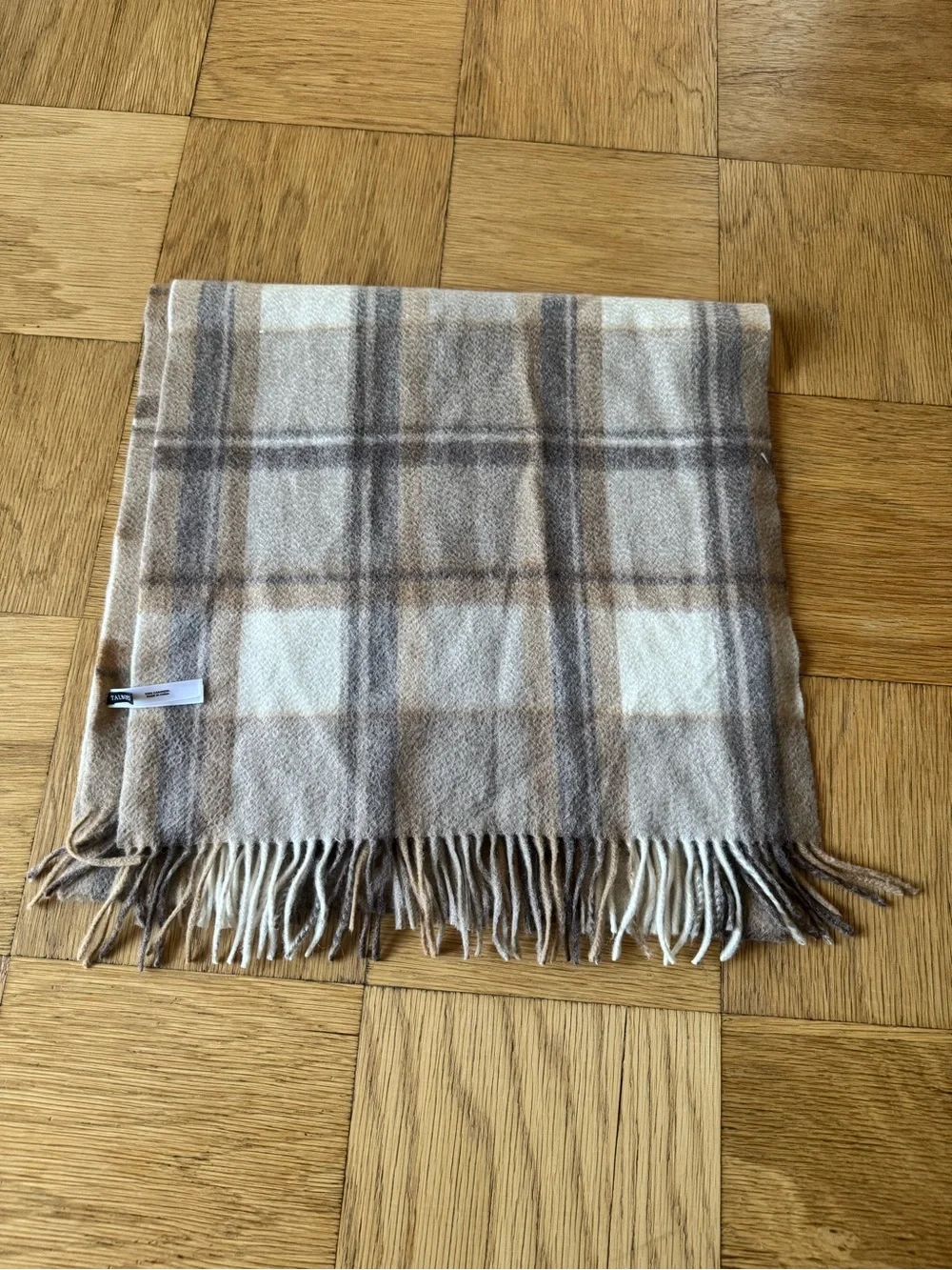 Talbots Cashmere Scarf Wide Fringe Wrap Plaid Cream Brown Tan Neutral